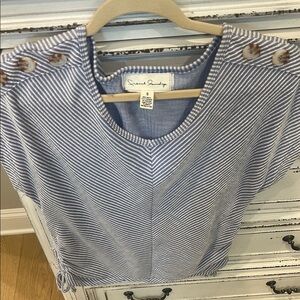 French Laundry Blue and White Cap Sleeve Buttoned T-Shirt